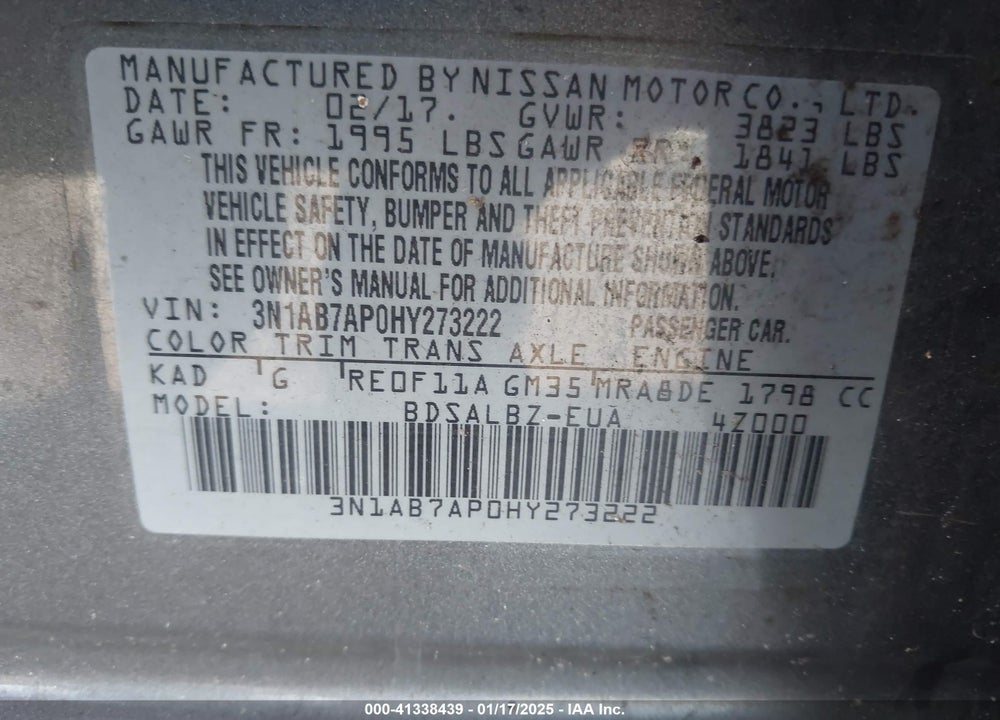 2017 NISSAN SENTRA S VIN: 3N1AB7AP0HY273222