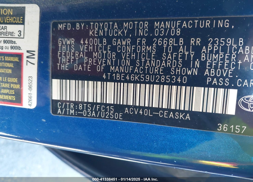 2009 TOYOTA CAMRY SE VIN: 4T1BE46K59U285340