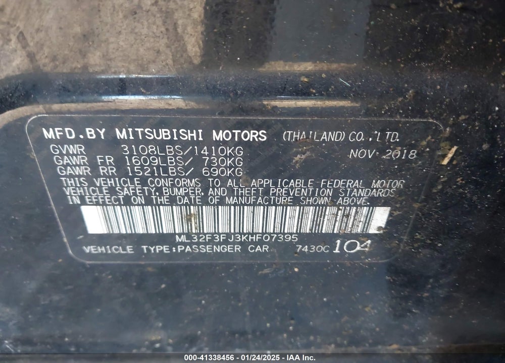 2019 MITSUBISHI MIRAGE G4 ES VIN: ML32F3FJ3KHF07395