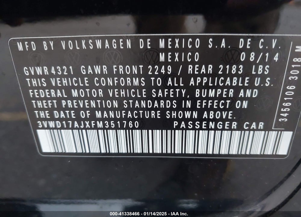2015 VOLKSWAGEN JETTA VIN: 3VWD17AJXFM351760