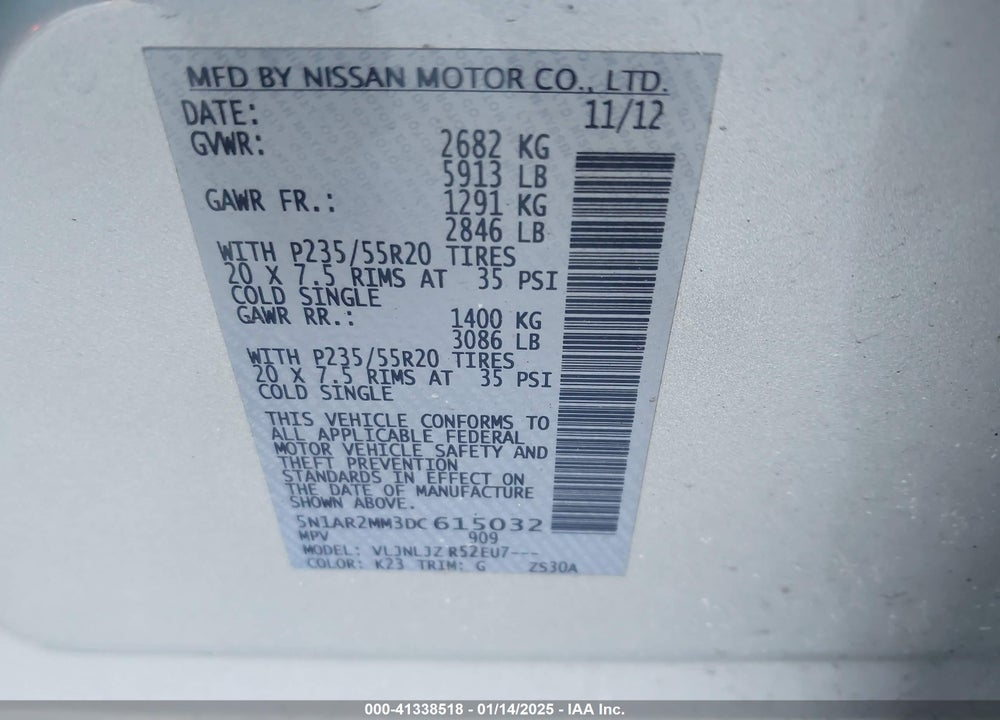 2013 NISSAN PATHFINDER PLATINUM VIN: 5N1AR2MM3DC615032
