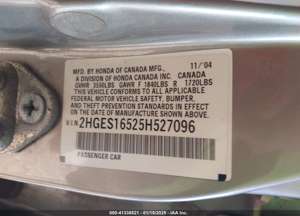 2005 HONDA CIVIC LX VIN: 2HGES16525H527096