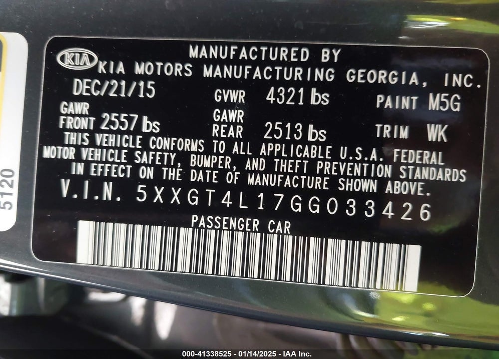 2016 KIA OPTIMA VIN: 5XXGT4L17GG033426
