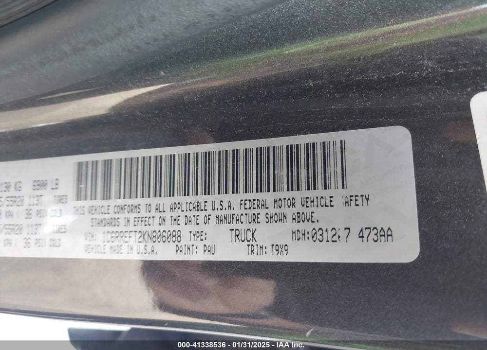 2019 RAM 1500 BIG HORN/LONE STAR 4X2 5'7 BOX VIN: 1C6RREFT2KN806088