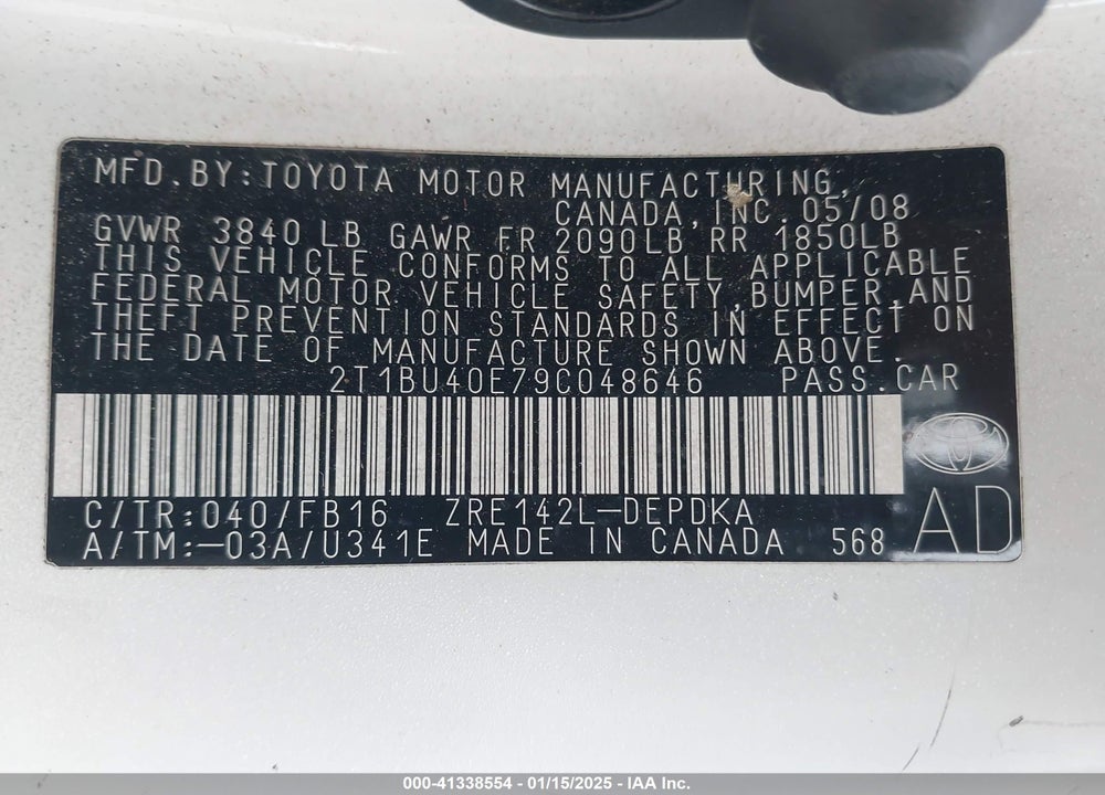 2009 TOYOTA COROLLA VIN: 2T1BU40E79C048646