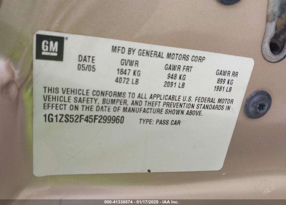 2005 CHEVROLET MALIBU VIN: 1G1ZS52F45F299960