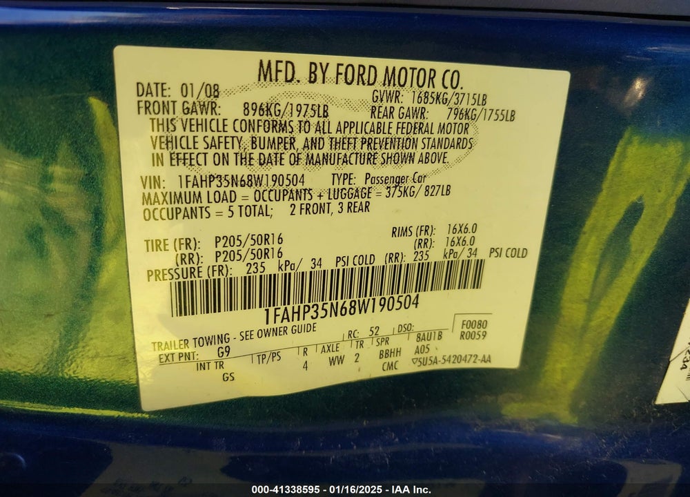 2008 FORD FOCUS VIN: 1FAHP35N68W190504