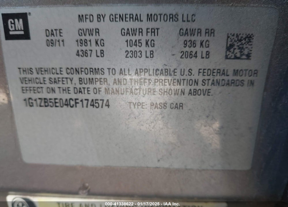 2012 CHEVROLET MALIBU LS VIN: 1G1ZB5E04CF174574