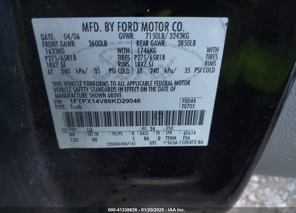 2006 FORD F-150 VIN: 1FTPX14V86KD29046