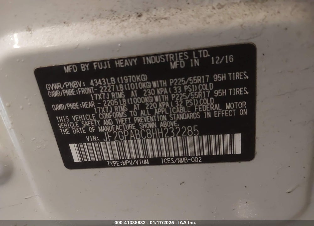 2017 SUBARU CROSSTREK 2.0I PREMIUM VIN: JF2GPABC8HH232285