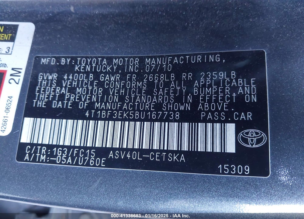 2011 TOYOTA CAMRY SE VIN: 4T1BF3EK5BU167738