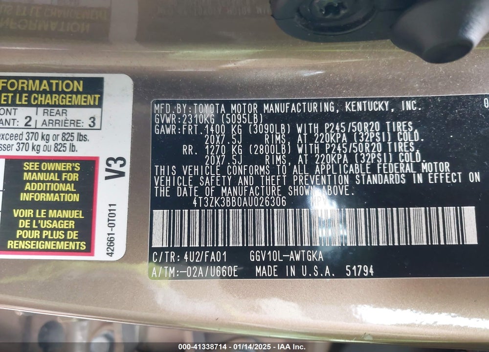 2010 TOYOTA VENZA BASE V6 VIN: 4T3ZK3BB0AU026306