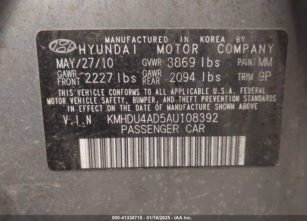 2010 HYUNDAI ELANTRA SE VIN: KMHDU4AD5AU108392