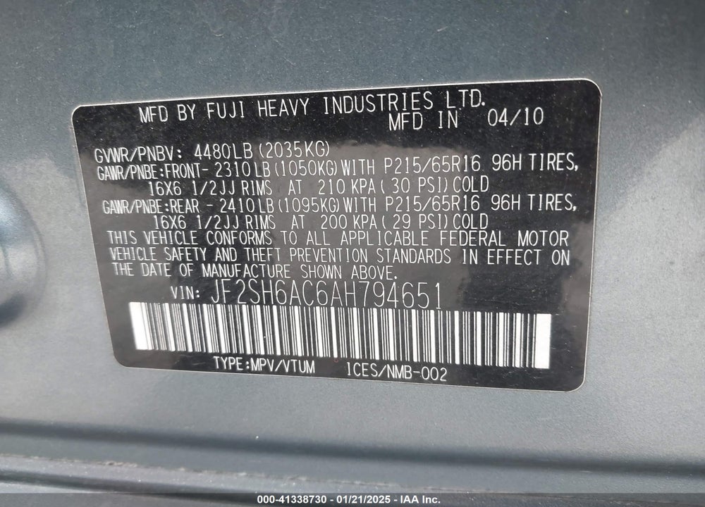 2010 SUBARU FORESTER 2.5X VIN: JF2SH6AC6AH794651