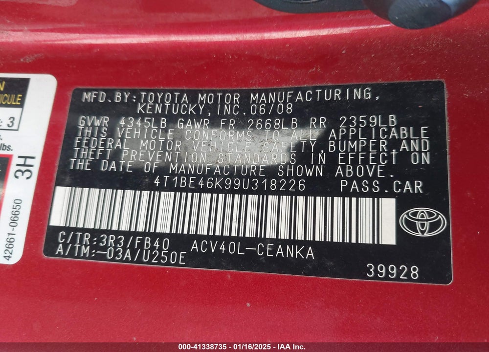 2009 TOYOTA CAMRY VIN: 4T1BE46K99U318226
