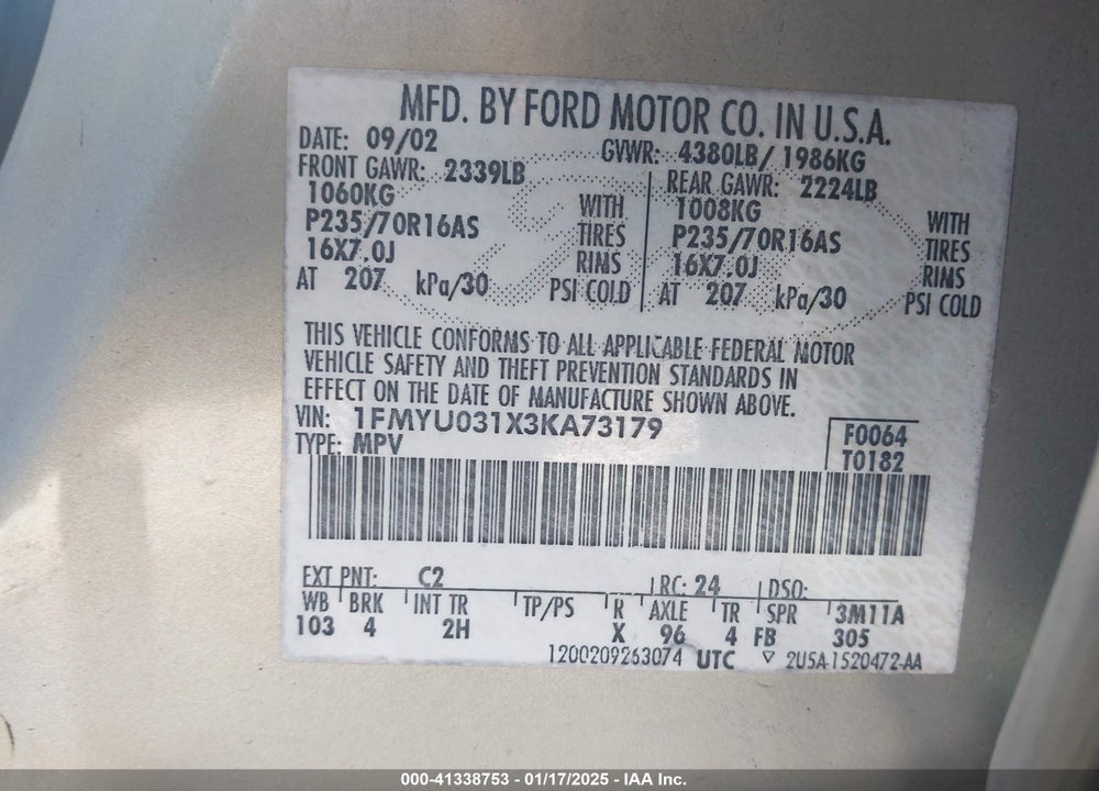 2003 FORD ESCAPE XLT VIN: 1FMYU031X3KA73179