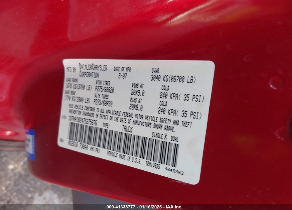 2007 DODGE RAM 1500 VIN: 1D7HA18247S275676