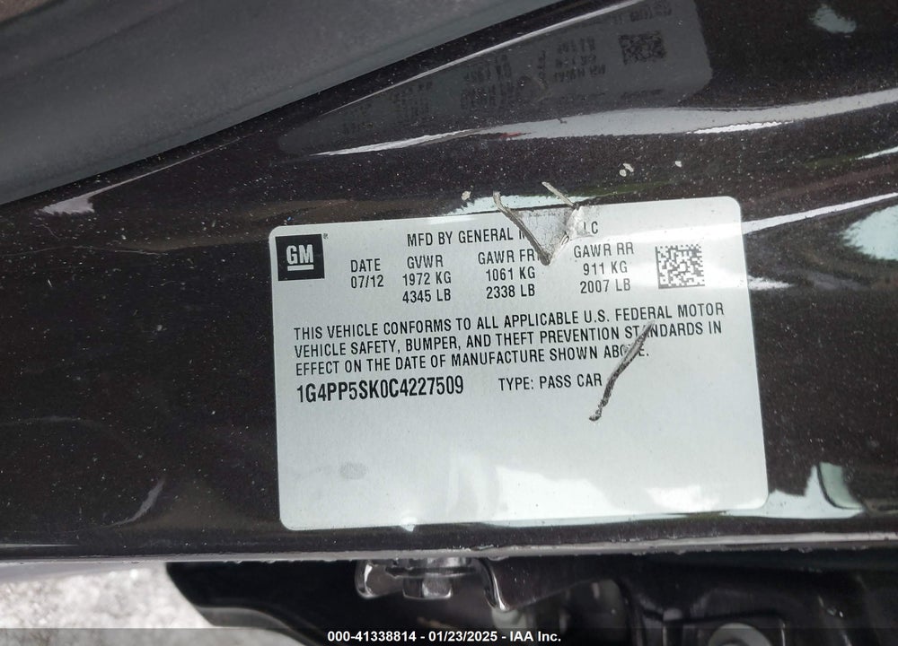 2012 BUICK VERANO VIN: 1G4PP5SK0C4227509