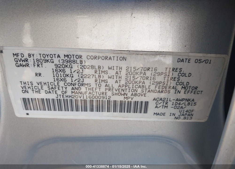2001 TOYOTA RAV4 VIN: JTEHH20V116000912