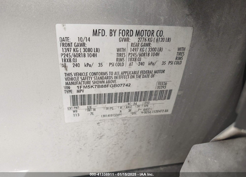 2015 FORD EXPLORER VIN: 1FM5K7B88FGB07742