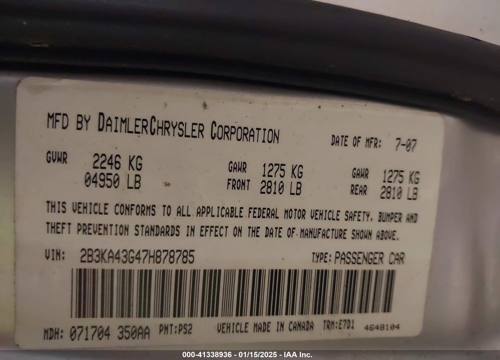 2007 DODGE CHARGER VIN: 2B3KA43G47H878785