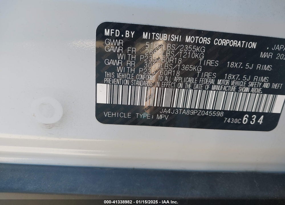2023 MITSUBISHI OUTLANDER ES 2.5 2WD VIN: JA4J3TA89PZ045598