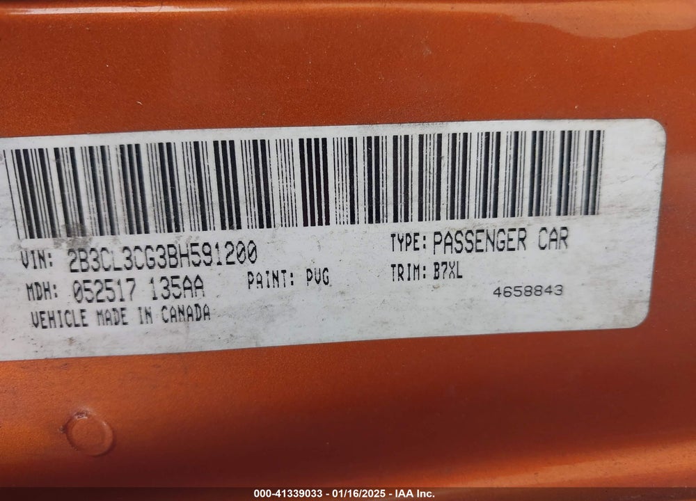 2011 DODGE CHARGER VIN: 2B3CL3CG3BH591200