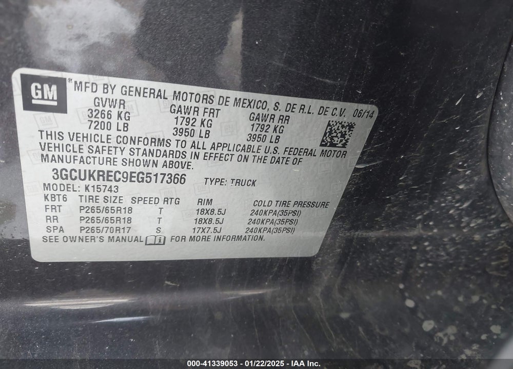 2014 CHEVROLET SILVERADO 1500 VIN: 3GCUKREC9EG517366