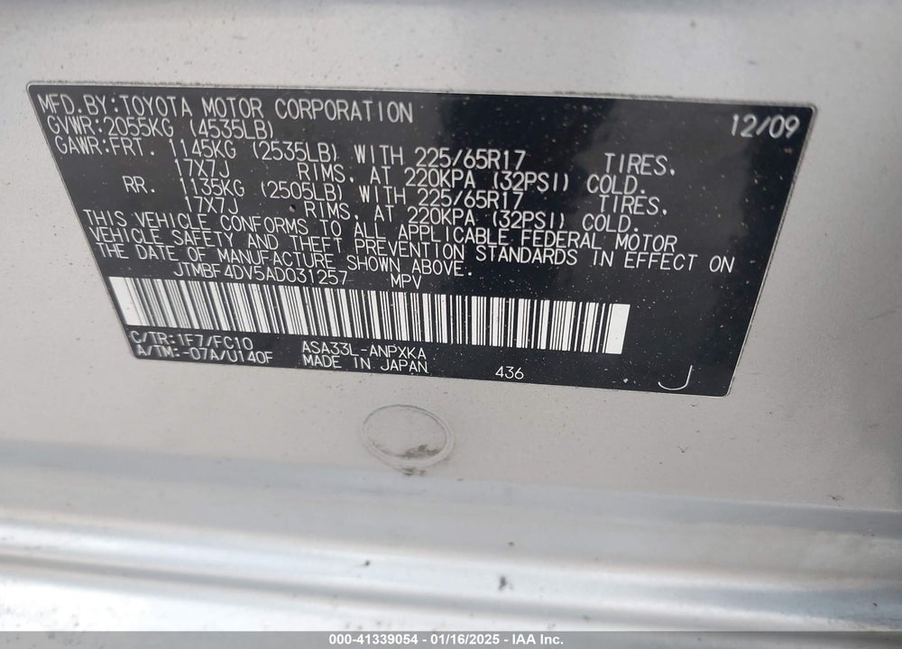 2010 TOYOTA RAV4 VIN: JTMBF4DV5AD031257