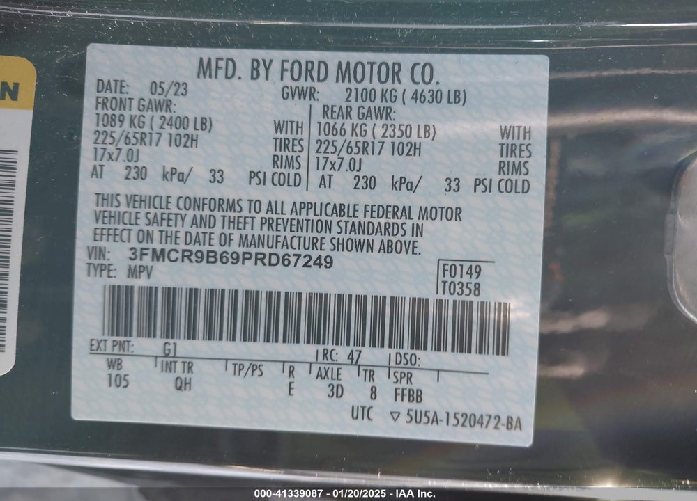 2023 FORD BRONCO SPORT VIN: 3FMCR9B69PRD67249