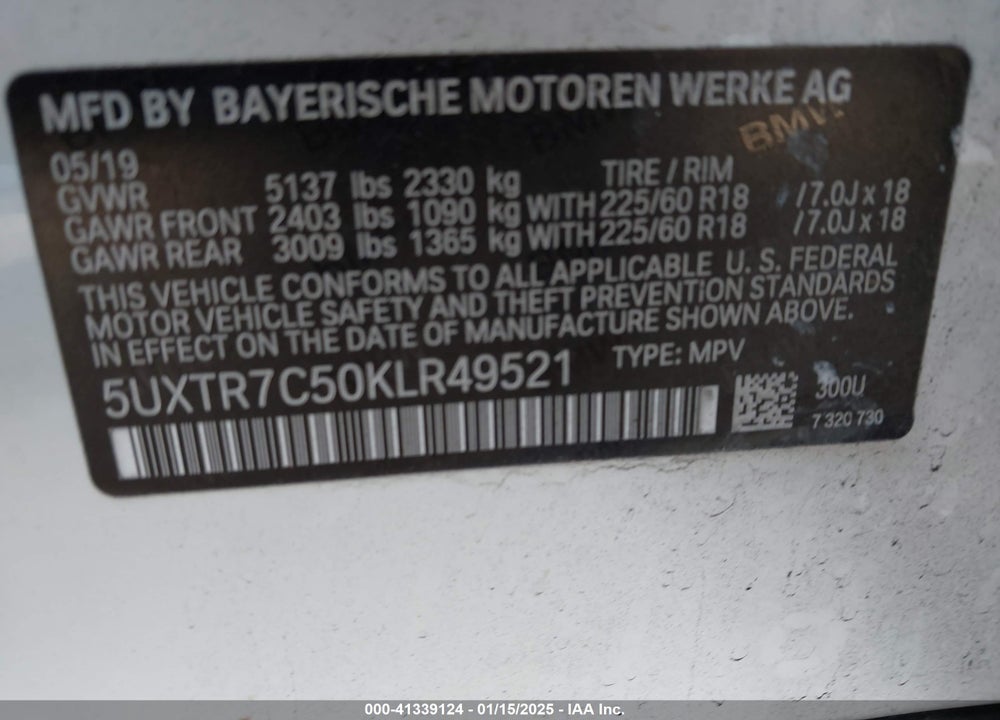 2019 BMW X3 SDRIVE30I VIN: 5UXTR7C50KLR49521
