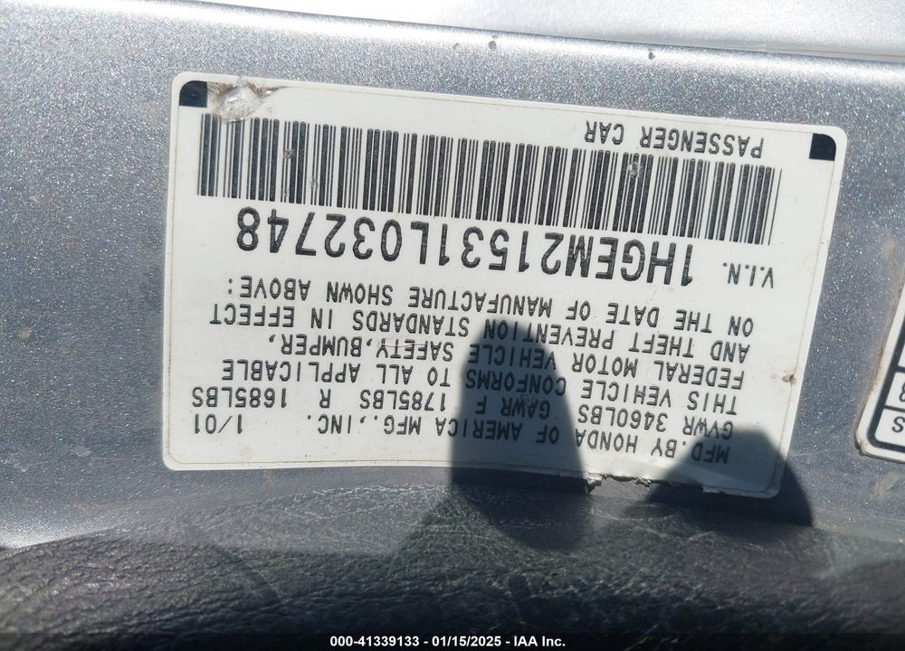 2001 HONDA CIVIC LX VIN: 1HGEM21531L032748