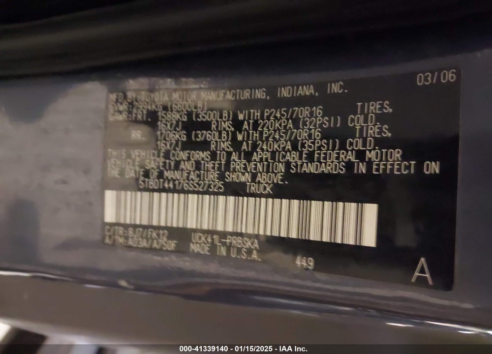 2006 TOYOTA TUNDRA SR5 V8 VIN: 5TBDT44176S527325