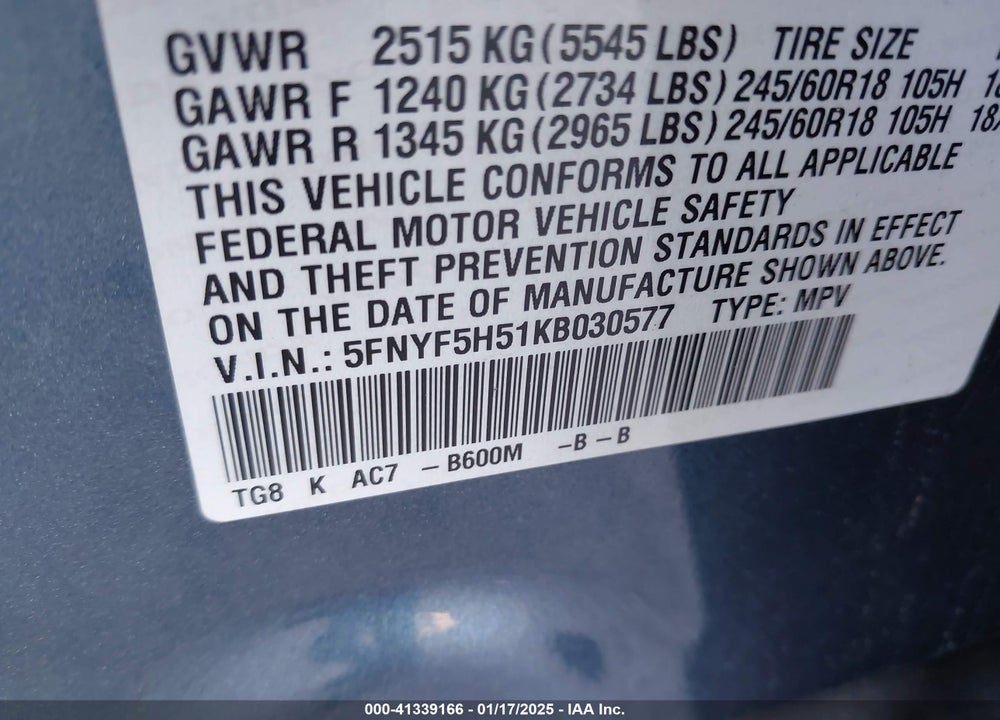 2019 HONDA PILOT EX-L VIN: 5FNYF5H51KB030577