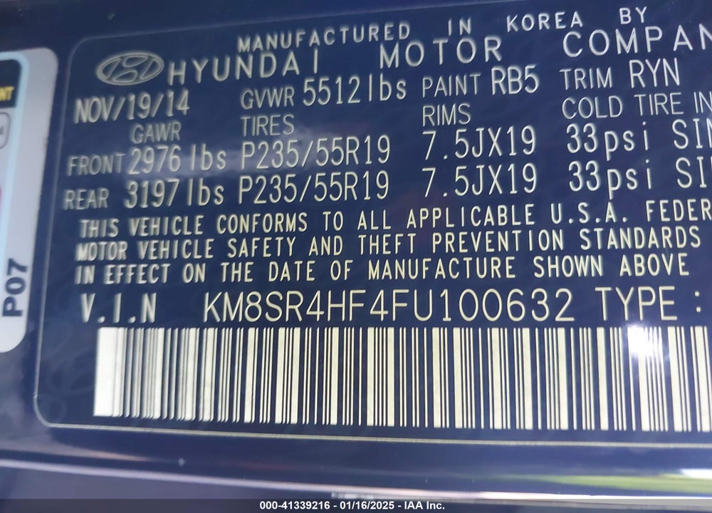 2015 HYUNDAI SANTA FE LIMITED VIN: KM8SR4HF4FU100632