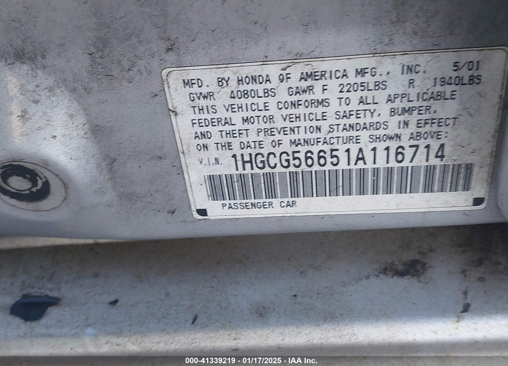 2001 HONDA ACCORD 2.3 EX VIN: 1HGCG56651A116714
