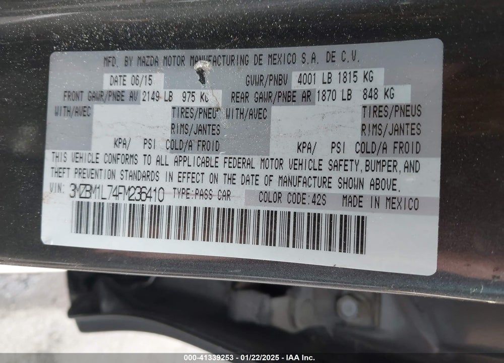 2015 MAZDA MAZDA3 VIN: 3MZBM1L74FM236410