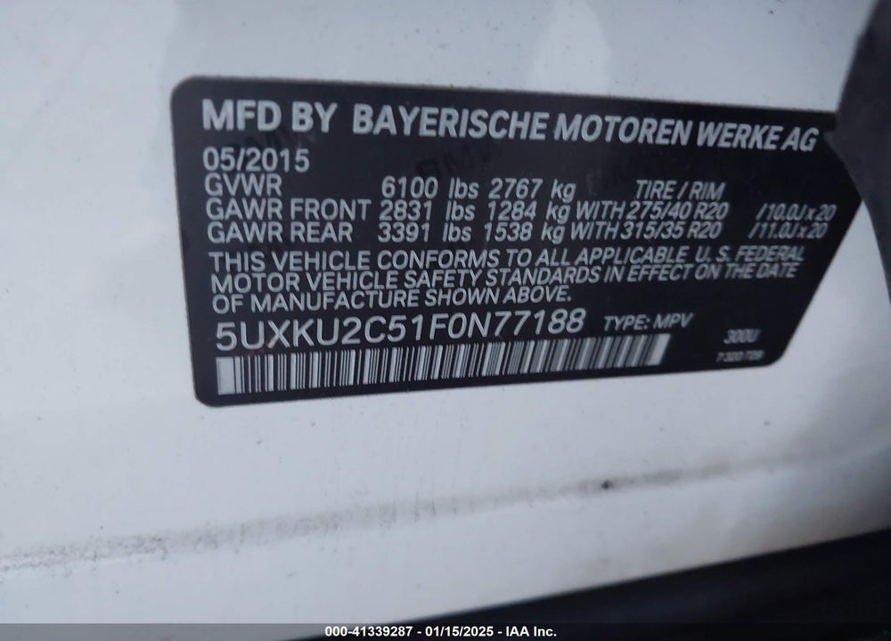 2015 BMW X6 XDRIVE35I VIN: 5UXKU2C51F0N77188