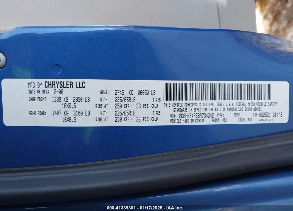 2008 DODGE GRAND CARAVAN SXT VIN: 2D8HN54P58R734242