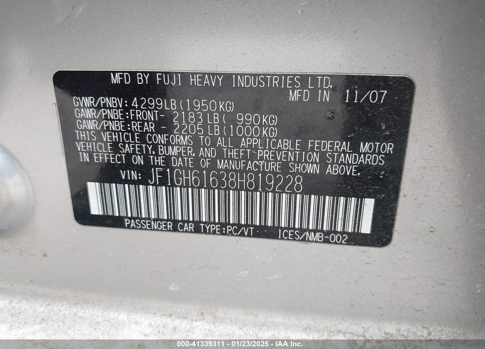 2008 SUBARU IMPREZA 2.5I VIN: JF1GH61638H819228
