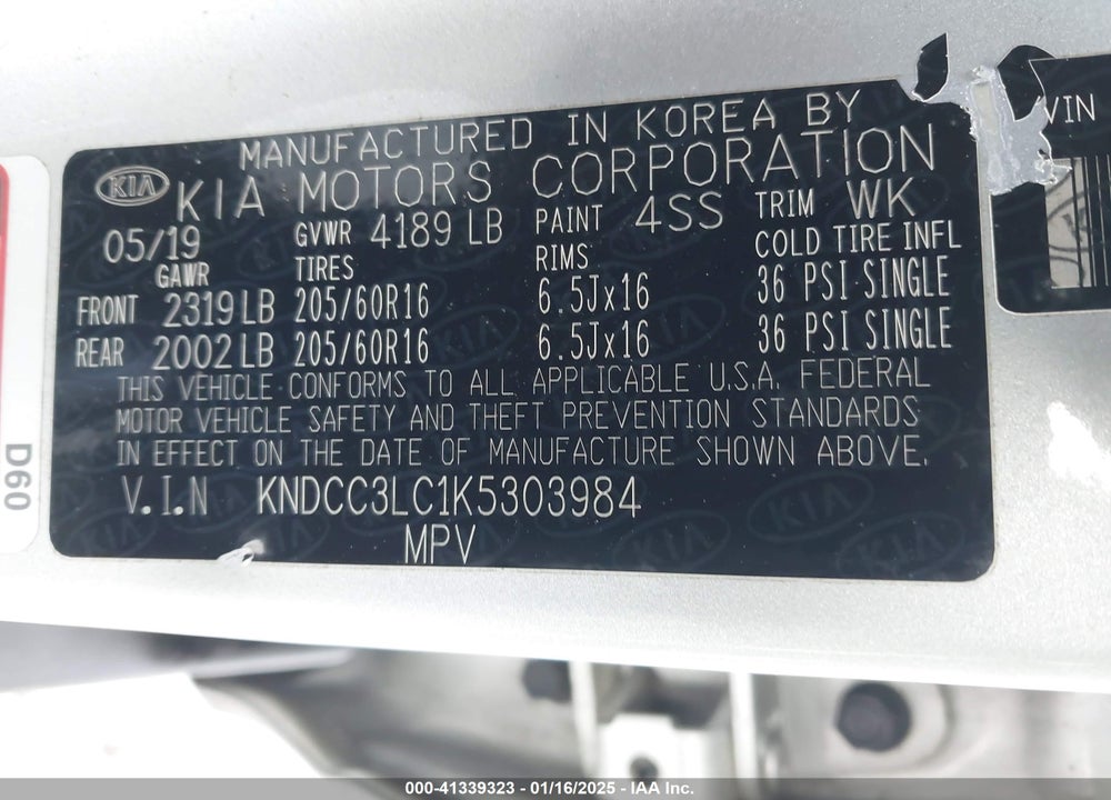 2019 KIA NIRO EX VIN: KNDCC3LC1K5303984