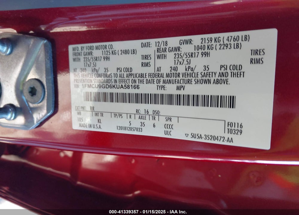 2019 FORD ESCAPE VIN: 1FMCU9GD6KUA58166