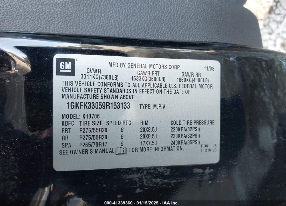 2009 GMC YUKON SLT1 VIN: 1GKFK33059R153133