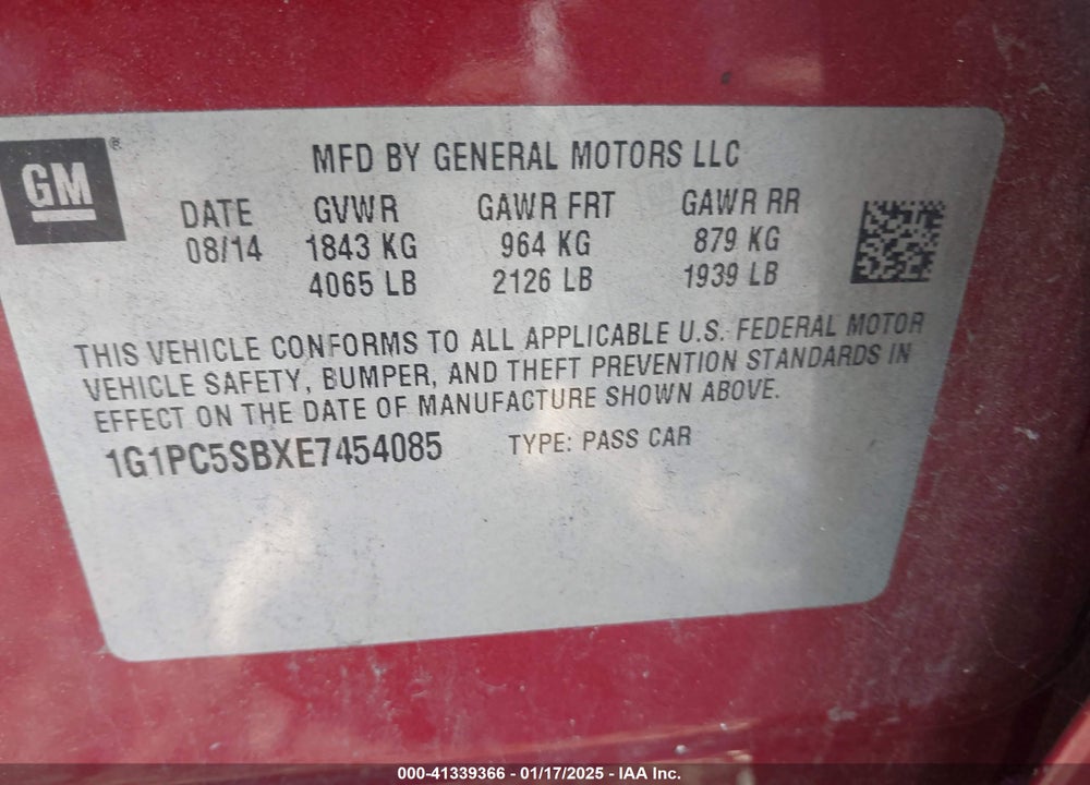 2014 CHEVROLET CRUZE 1LT AUTO VIN: 1G1PC5SBXE7454085