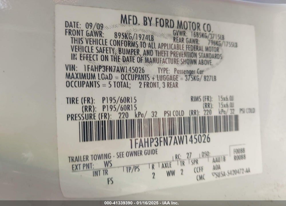 2010 FORD FOCUS VIN: 1FAHP3FN7AW145026