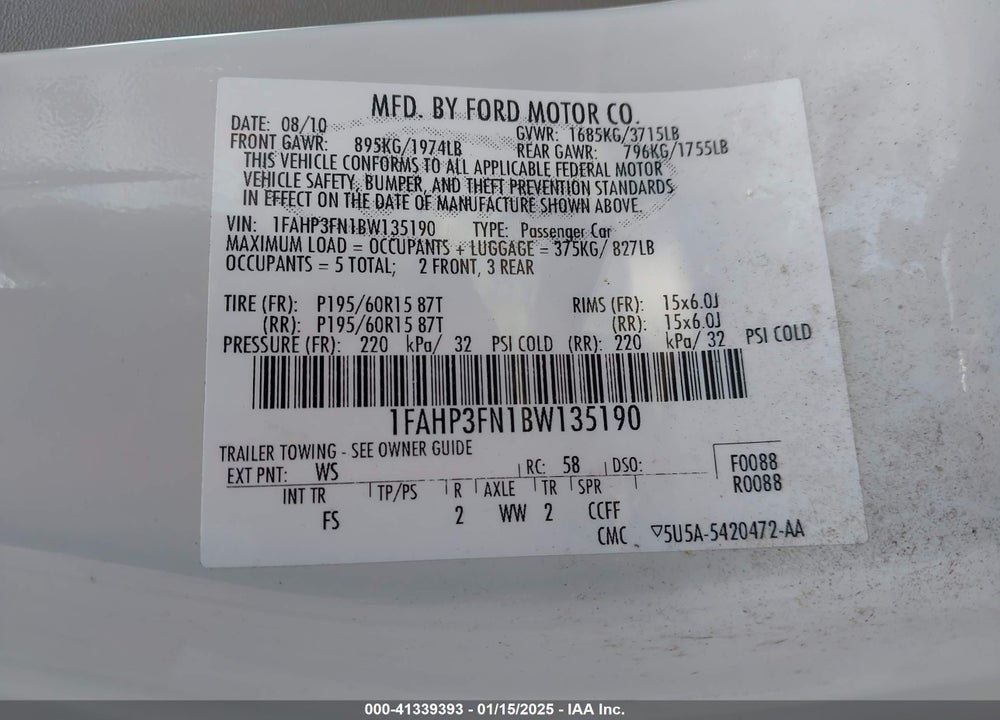 2011 FORD FOCUS SE VIN: 1FAHP3FN1BW135190