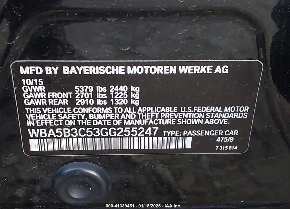 2016 BMW 535I VIN: WBA5B3C53GG255247