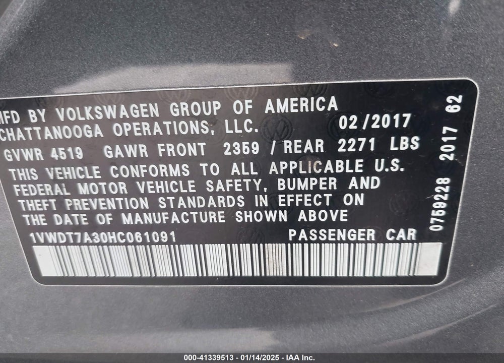 2017 VOLKSWAGEN PASSAT 1.8T R-LINE VIN: 1VWDT7A30HC061091