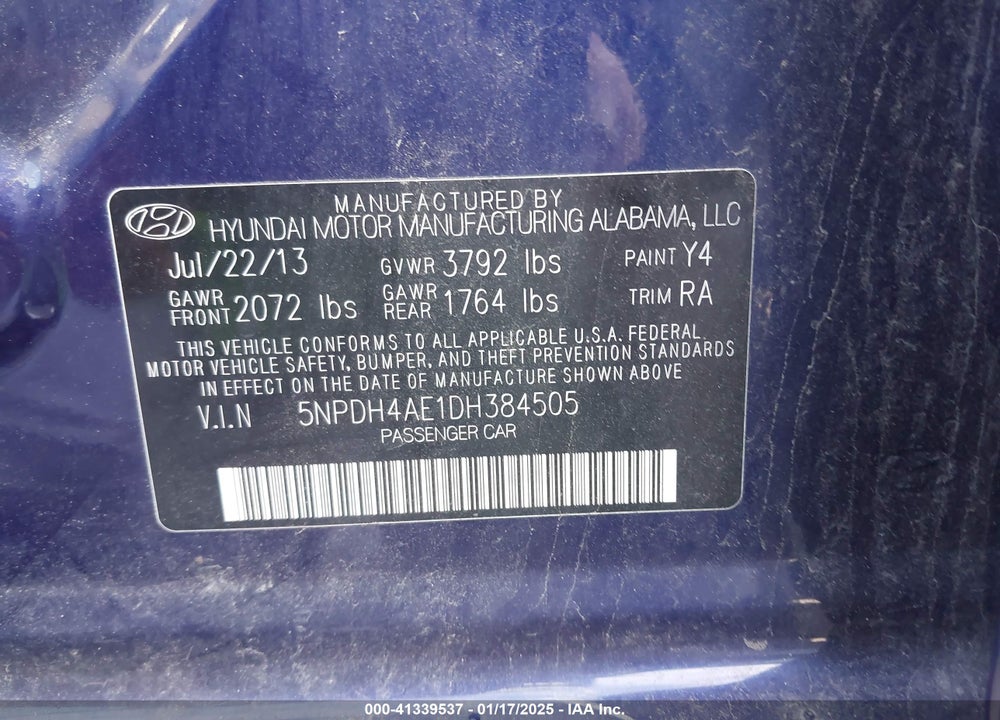 2013 HYUNDAI ELANTRA GLS VIN: 5NPDH4AE1DH384505