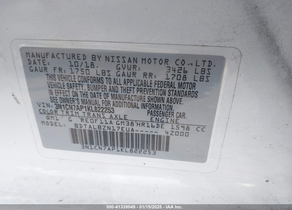 2019 NISSAN VERSA VIN: 3N1CN7AP1KL822253